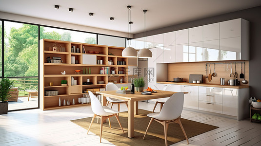 厨房储藏室和用餐空间的 3D 效果图