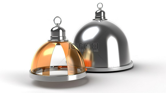 白色背景隔离 3D 插图，开放式金属钟形罩和气瓶