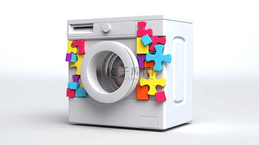现代白色洗衣机的 3d 渲染，在干净的背景上有四个充满活力的拼图