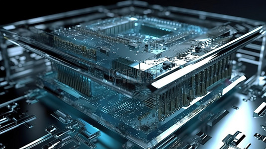 科技方案背景图片_抽象技术碎片的光泽 3D 渲染带有微方案和电容器的计算机冷却器