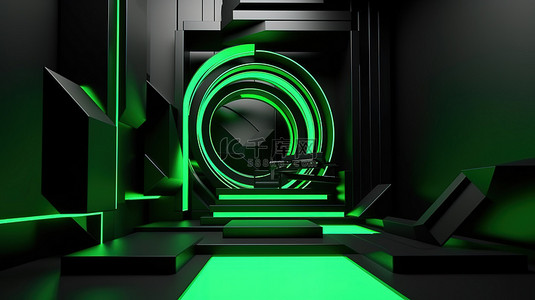 虚幻背景图片_3d 渲染舞台上的现代虚幻构图绿色和黑色抽象几何形状