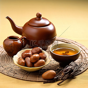 垫子logo背景图片_枣茶和蒸米饭放在垫子上的东方茶壶中