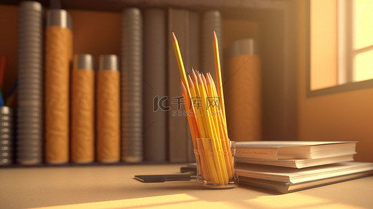 书籍教育背景图片_模糊的墙壁背景，带有 3D 渲染笔和书籍教育插图