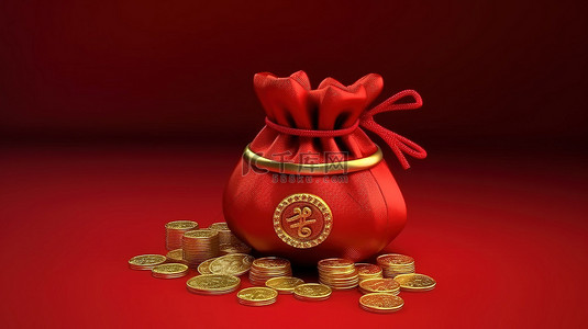 中国节日福袋或宝袋的 3D 渲染，红色背景上有金币
