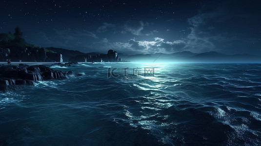蓝色海水卡通背景图片_夜间海景 3D 渲染的海景
