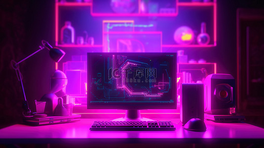 时尚黑色计算机的充满活力的霓虹粉红色 3D 渲染照明