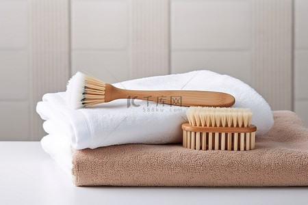 马桶毛刷背景图片_木毛刷与干净的毛巾和其他毛巾
