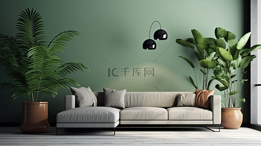 绿色简约家居背景图片_绿色主题简约客厅，配有沙发和茂密的热带植物 3D 渲染模型