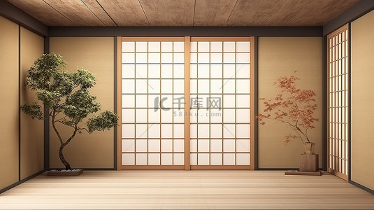 现代日本壁纸传统风格滑动纸门的 3D 渲染