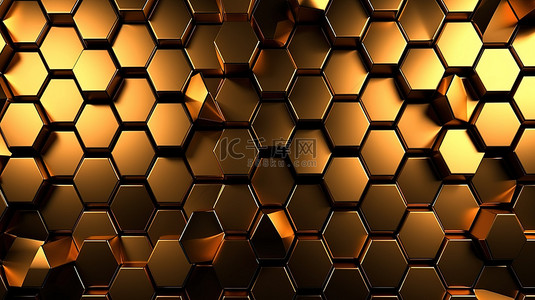 簇花背景图片_抽象 3D 插图金色蜂窝墙纹理与数字黄金中的六角形簇