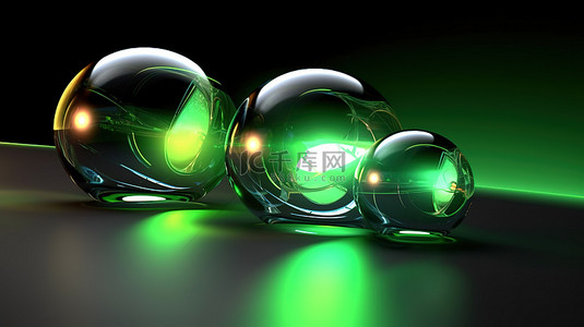 黑色表面由三重发光彩色球体照亮，抽象 3D 插图中带有绿色中心