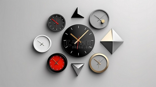 独特时钟设计三角形圆形和正方形的 3D 插图