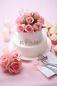 卡片粉色背景图片_粉色蛋糕和鲜花等婚礼用品