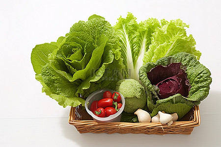 羽衣甘蔬菜背景图片_白色表面上装有大量绿叶蔬菜和其他蔬菜的篮子