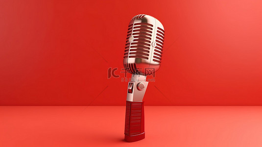 带隔离麦克风的红色背景扬声器概念的 3D 插图