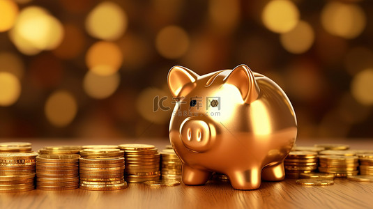闪闪发光的背景上的金猪储蓄 3D 渲染存钱罐