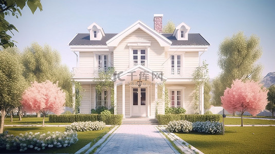 建投城市背景图片_令人惊叹的 3D 插图，展示了一座白色入口房屋，位于迷人的社区，拥有美丽的草坪和宜人的花园