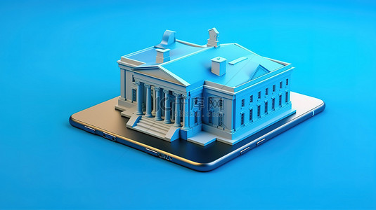 蓝色隔离背景下银行大楼的 3D 手机插图