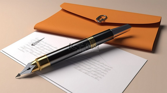 邮件商务背景图片_空白信封信和笔的 3d 插图