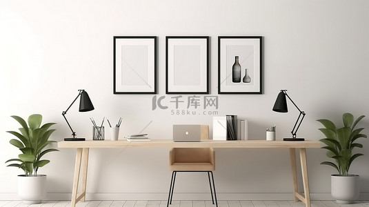 桌上有白色墙壁和空相框的时尚简单的家庭办公室电脑3D 渲染