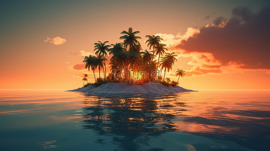 热带绿洲 3d 渲染岛屿上的棕榈树，具有海洋日落背景