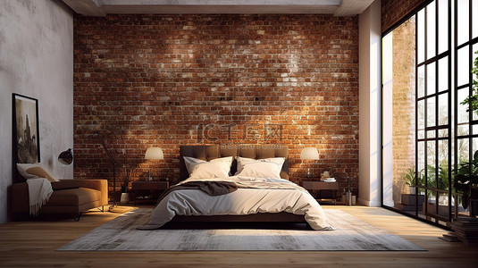 卧室的 3D 渲染，配有质朴的砖墙舒适的床和空调