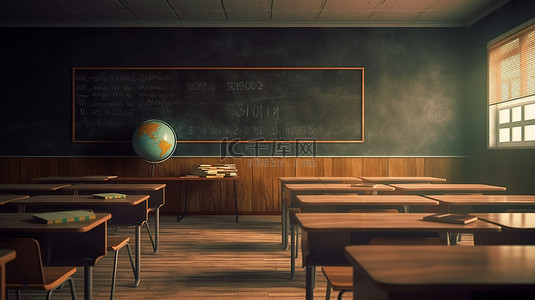黑板学生背景图片_带有空黑板的教室的 3D 渲染