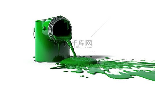 白色背景上从罐头和油漆滚筒中倒入绿色油漆的房屋轮廓的 3D 渲染