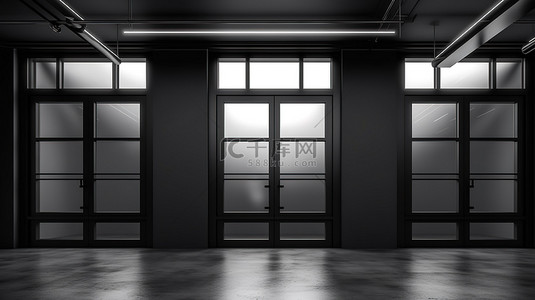 时尚的黑色滑动门设计，适用于带窗户背景的 3D 建筑横幅