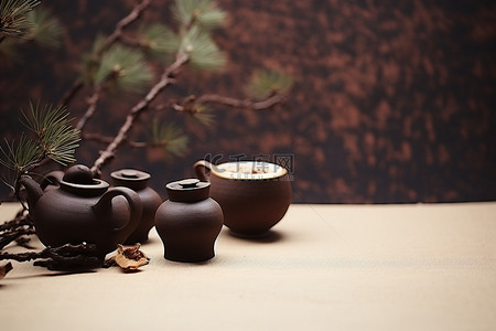 小茶背景图片_小茶壶碗和一棵树