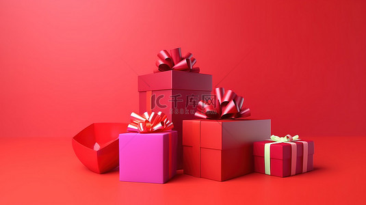 促销海报礼品背景图片_带有彩色蝴蝶结的红色背景礼品盒的充满活力的 3D 渲染非常适合社交媒体横幅海报生日和促销