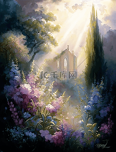 卡通油画背景图片_梦幻花卉植物自然风景油画装饰画背景
