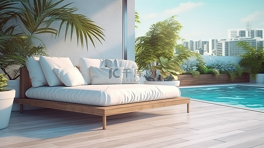 避暑旅游背景图片_豪华屋顶休息区的 3D 渲染，配有令人惊叹的游泳池和沙发长凳