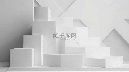 干净简约的 3D 设计通过一组 5 个白色块讲台在清爽的白色窗帘背景下展示您的产品
