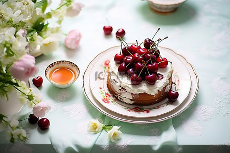 水果奶油背景图片_蛋糕上有奶油水果和樱桃