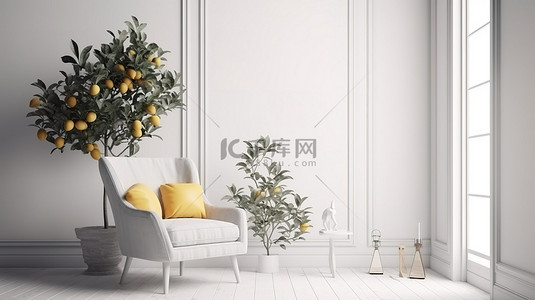 极简生活背景图片_极简主义白色空间休息室扶手椅柠檬树和 3D 渲染模型中的空白墙