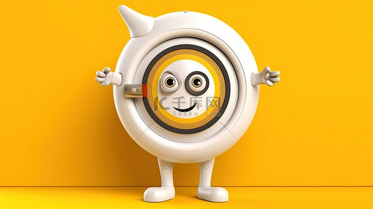 黄色背景 3D 渲染现代吉祥物角色，用于白色洗衣机击中中心飞镖的射箭目标的靶心