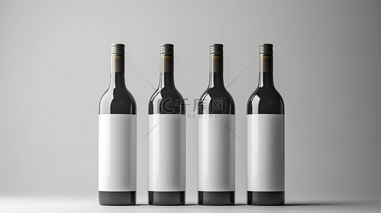 灰色背景上展示的空白白葡萄酒瓶通过 3D 渲染创建的酒精酒厂饮料的视觉表现和复杂性