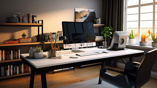 带台式电脑和 3D 渲染设计的现代家庭办公桌