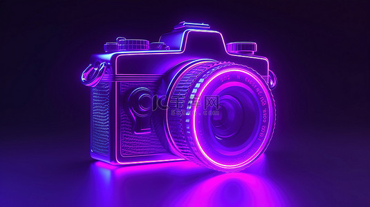 关闭 3D 插图紫色霓虹灯相机
