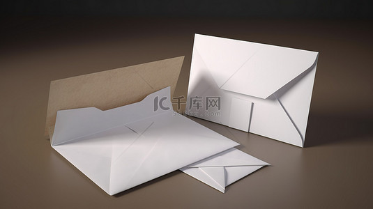 展开的信封和 3D 渲染中的空白卡