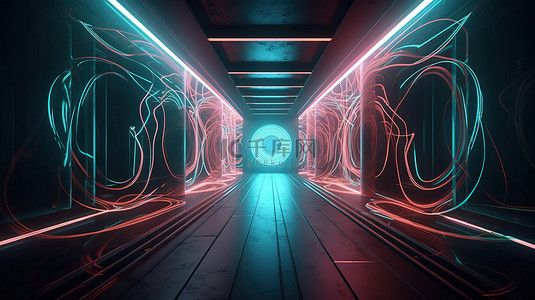 未来派走廊中霓虹灯照明漩涡的 3D 插图