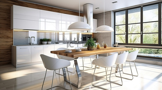 家庭餐厅背景图片_时尚餐厅和厨房内部的 3D 插图，配有现代桌椅