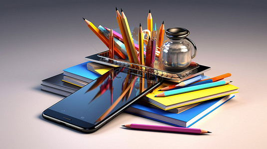 教育手机背景图片_数字时代学习手机和铅笔 3D 渲染在线教育