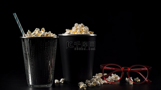 黑色玉米背景图片_金属罐 3d 眼镜和爆米花，黑色背景上有饮料，自上而下的视图