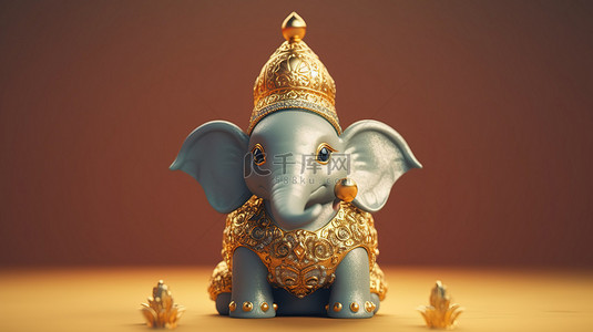通过 3D 渲染描绘的金色皇冠的富豪玩具大象