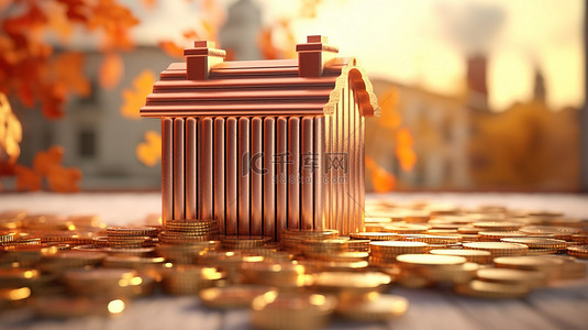 节能家庭背景图片_节能家庭供暖概念 3D 渲染硬币堆叠散热器，形状像房子