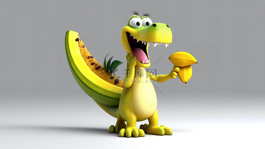 抓着香蕉的搞笑 3D 恐龙