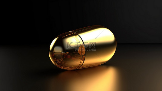 具有体积特性的金色胶囊药丸的逼真 3D 渲染