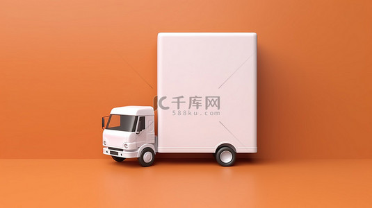 图钉样机背景图片_带图钉盒电话和空白白屏的送货卡车 3D 渲染